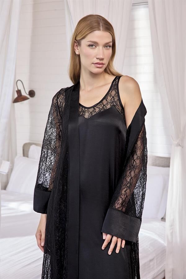 Arias Closet %100 Viskon Dantelli ve Dekolteli Saten Sabahlık Takımı