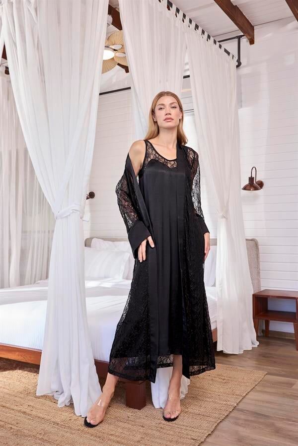 Arias Closet %100 Viskon Dantelli ve Dekolteli Saten Sabahlık Takımı
