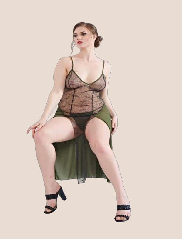 Büyük Beden Yeşil Dantelli Tül Fantezi Uzun Yırtmaçlı Gecelik