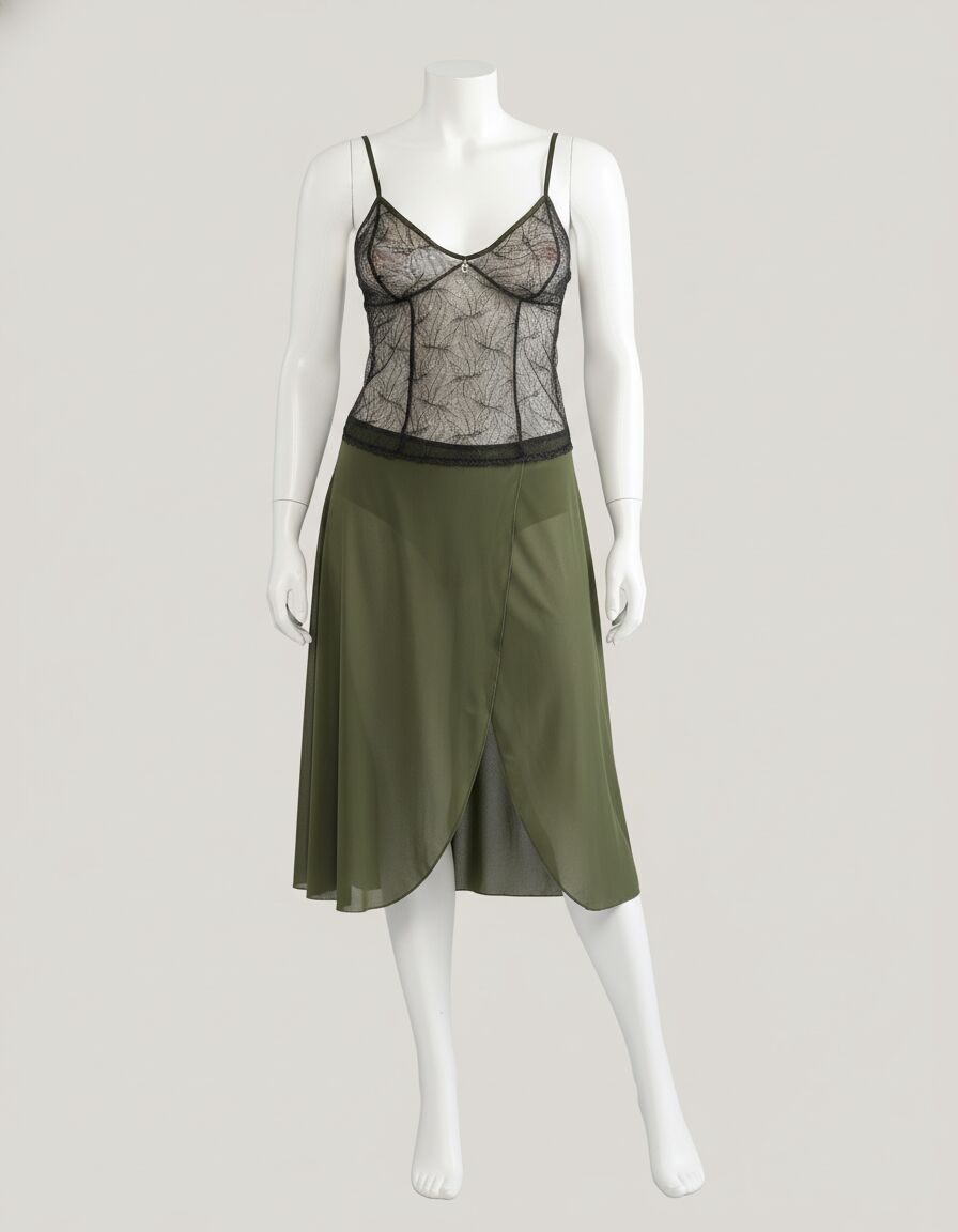 Büyük Beden Yeşil Dantelli Tül Fantezi Uzun Yırtmaçlı Gecelik