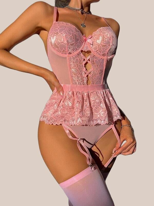 Arias Closet Pembe Dantel İşlemeli Kalp Desenli Fantezi Jartiyer Takımı