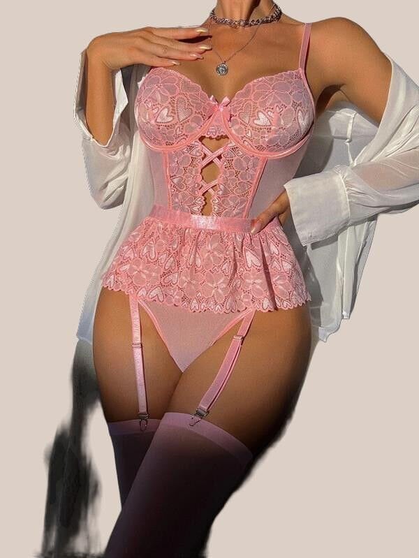 Arias Closet Pembe Dantel İşlemeli Kalp Desenli Fantezi Jartiyer Takımı