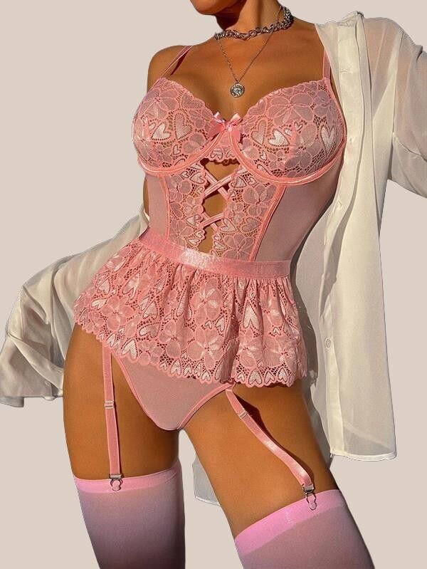 Arias Closet Pembe Dantel İşlemeli Kalp Desenli Fantezi Jartiyer Takımı