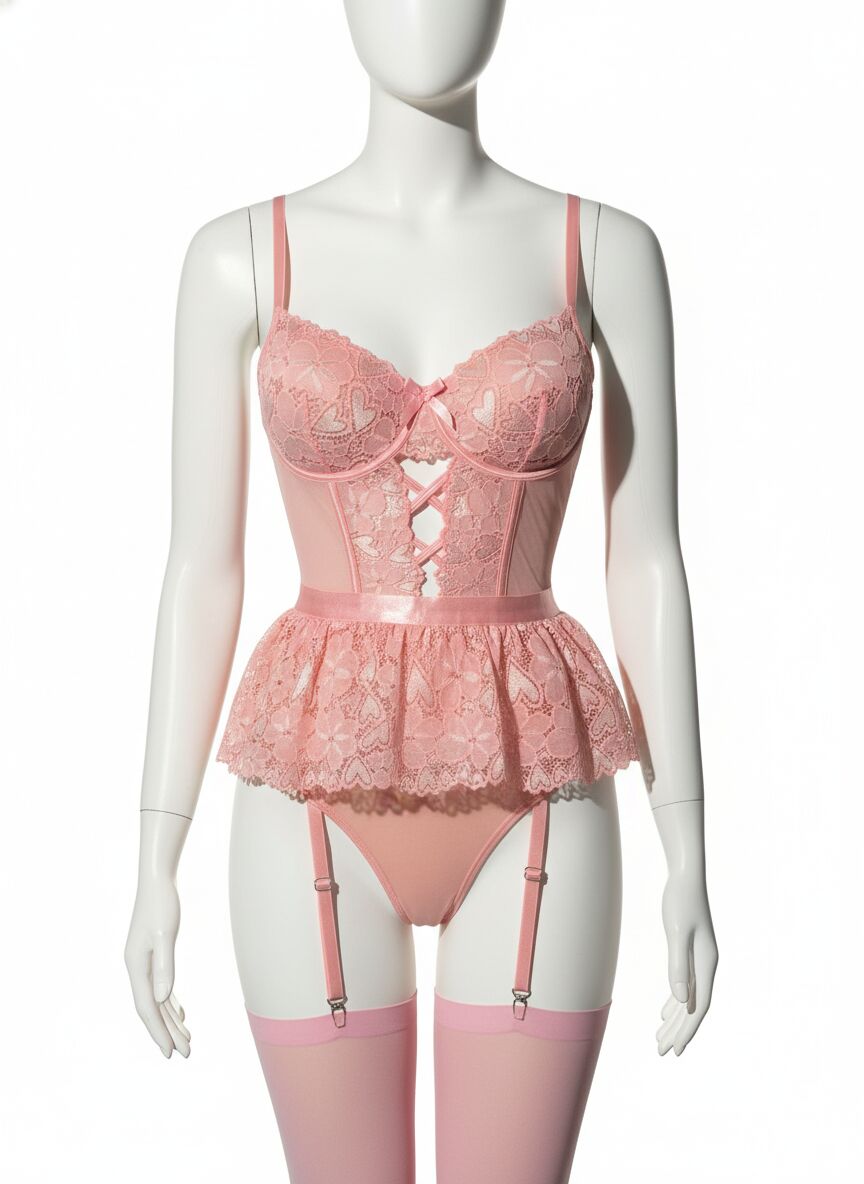 Arias Closet Pembe Dantel İşlemeli Kalp Desenli Fantezi Jartiyer Takımı