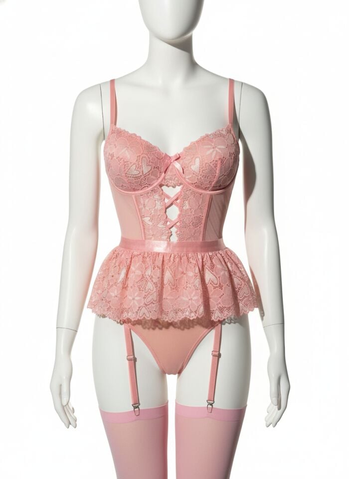 Arias Closet Pembe Dantel İşlemeli Kalp Desenli Fantezi Jartiyer Takımı