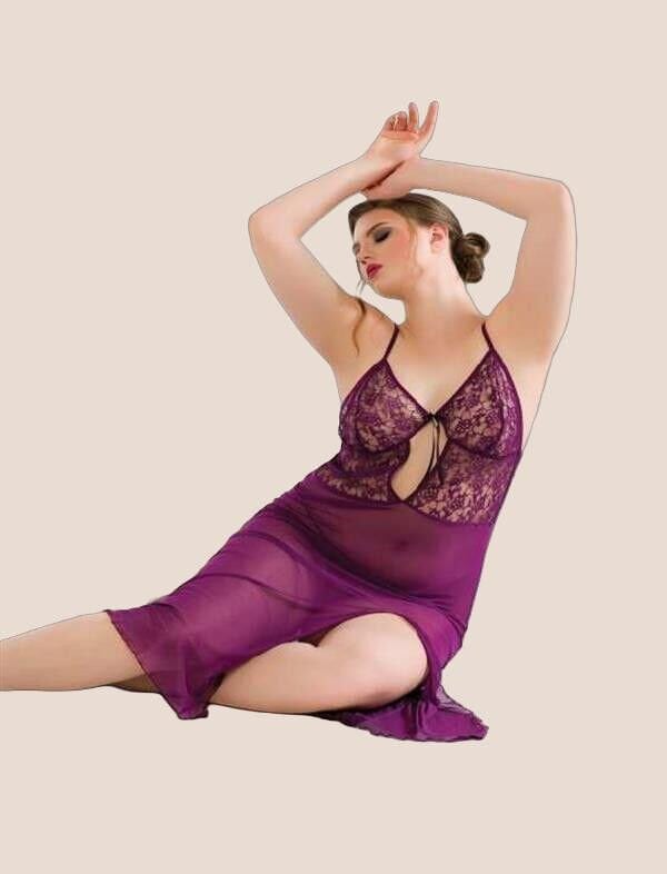 Arias Closet Büyük Beden Mor Dantelli Tül Fantezi Uzun Yırtmaçlı Gecelik