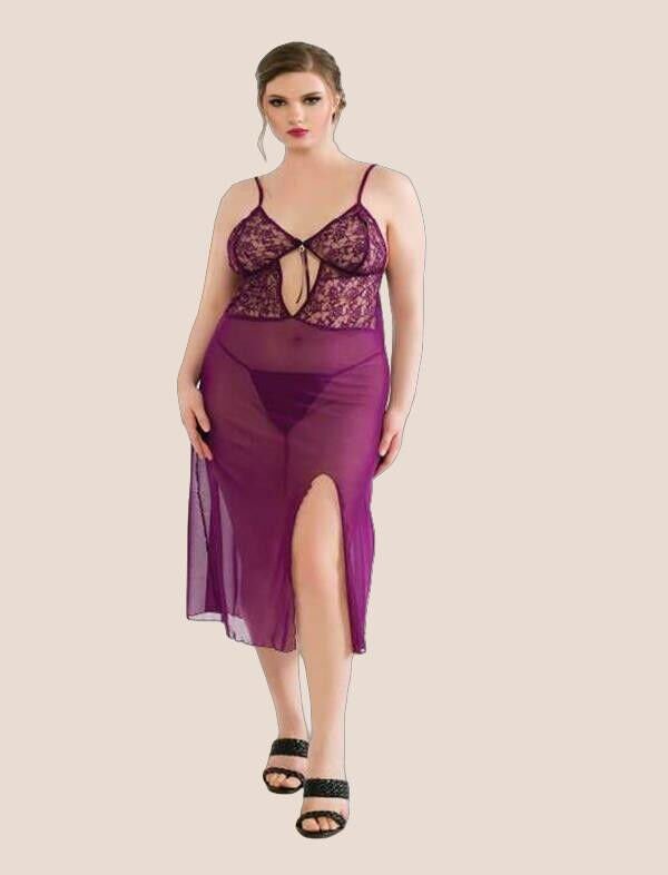 Arias Closet Büyük Beden Mor Dantelli Tül Fantezi Uzun Yırtmaçlı Gecelik