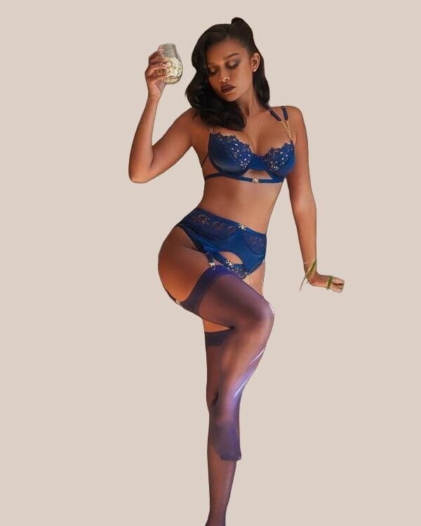 Arias Closet Mavi Dantel İşlemeli Zincir Detaylı Fantezi Jartiyer Takımı