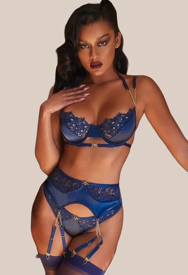 Arias Closet Mavi Dantel İşlemeli Zincir Detaylı Fantezi Jartiyer Takımı