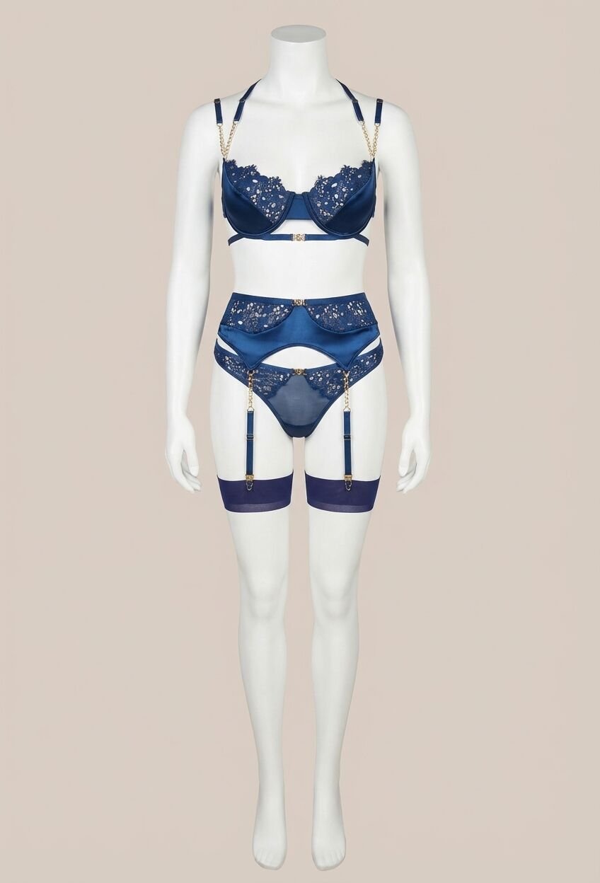 Mavi Dantel İşlemeli Zincir Detaylı Fantezi Jartiyer Takımı