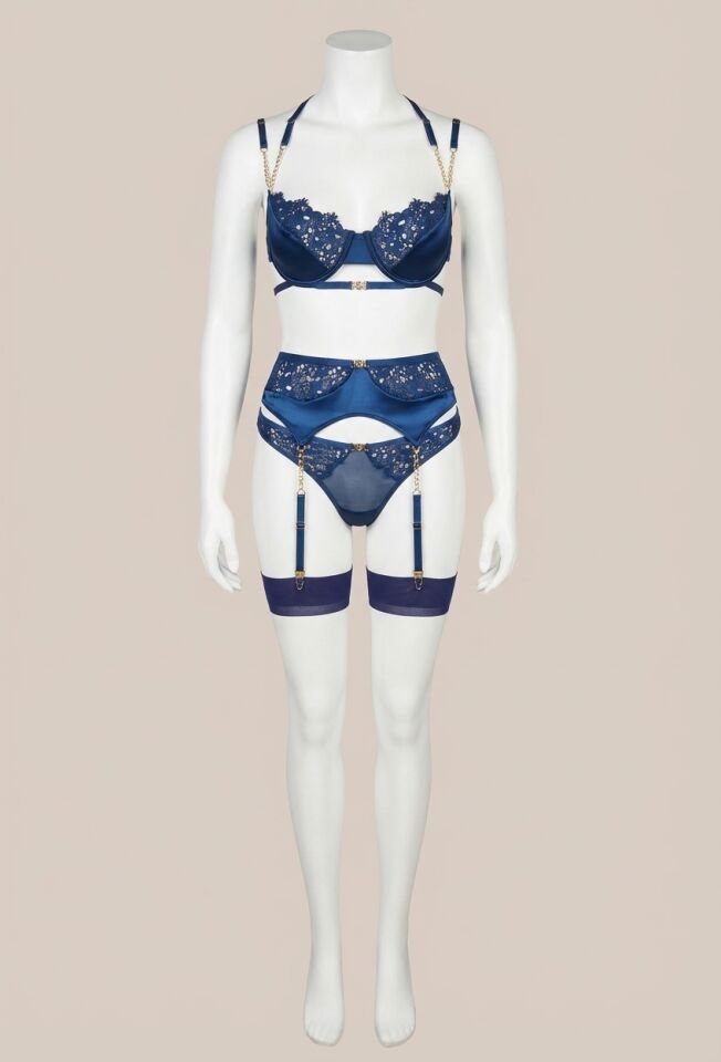 Mavi Dantel İşlemeli Zincir Detaylı Fantezi Jartiyer Takımı