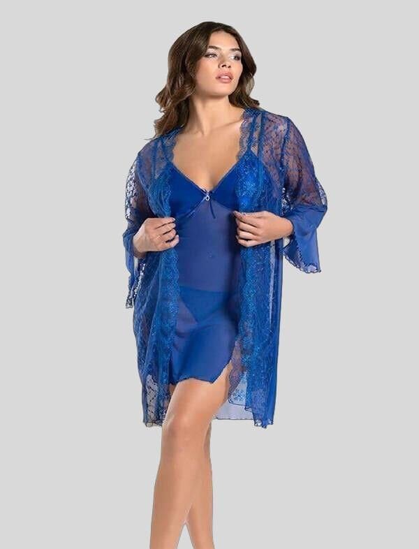 Arias Closet Mavi Transparan Dantel İşlemeli Tül Yırtmaçlı 2'li Gecelik Takımı