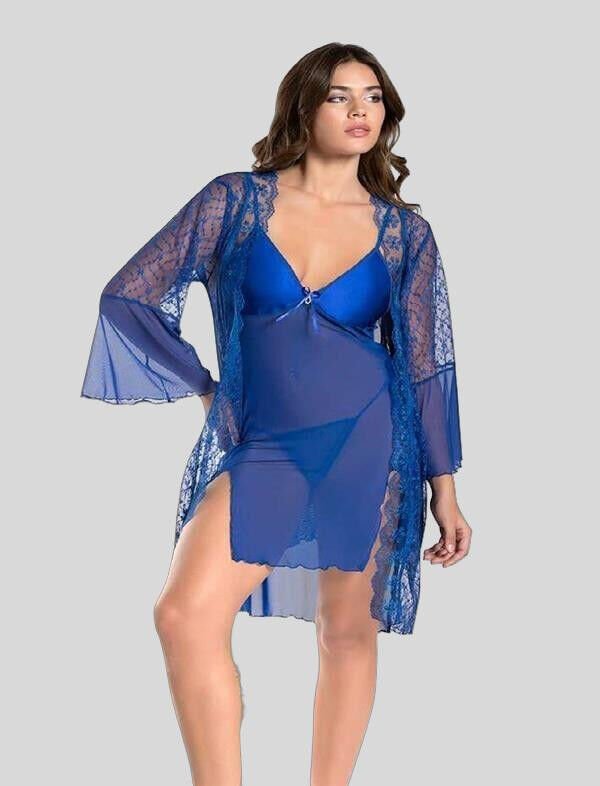 Arias Closet Mavi Transparan Dantel İşlemeli Tül Yırtmaçlı 2'li Gecelik Takımı