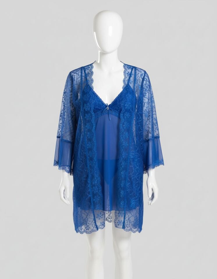 Arias Closet Mavi Transparan Dantel İşlemeli Tül Yırtmaçlı 2'li Gecelik Takımı