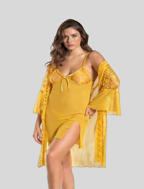 Sarı Transparan Dantel İşlemeli Tül Yırtmaçlı 2'li Gecelik Takımı