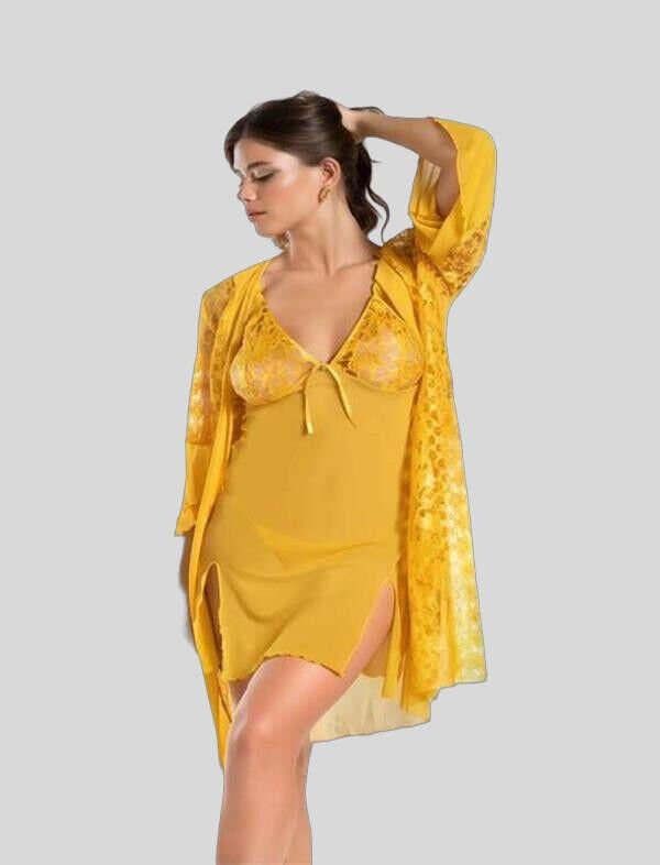 Sarı Transparan Dantel İşlemeli Tül Yırtmaçlı 2'li Gecelik Takımı