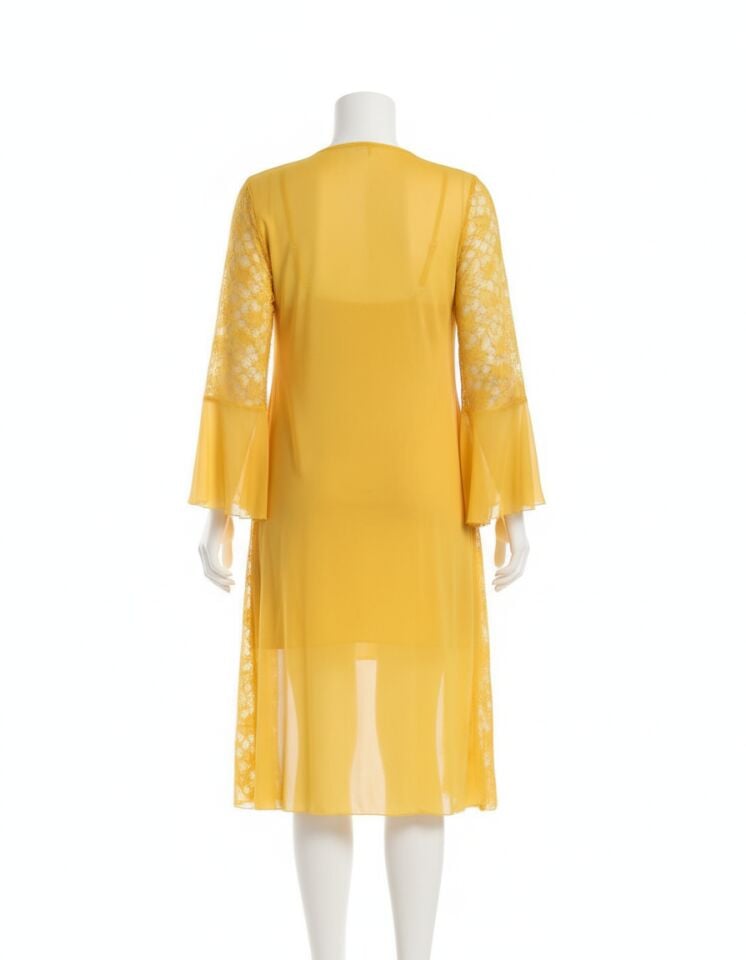 Arias Closet Sarı Transparan Dantel İşlemeli Tül Yırtmaçlı 2'li Gecelik Takımı