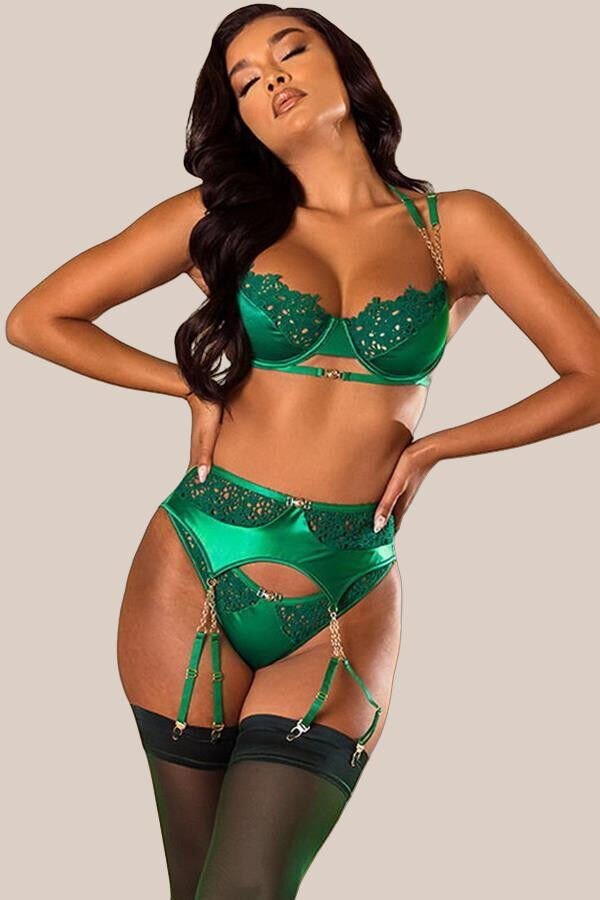 Yeşil Dantel İşlemeli Zincir Detaylı Fantezi Jartiyer Takımı