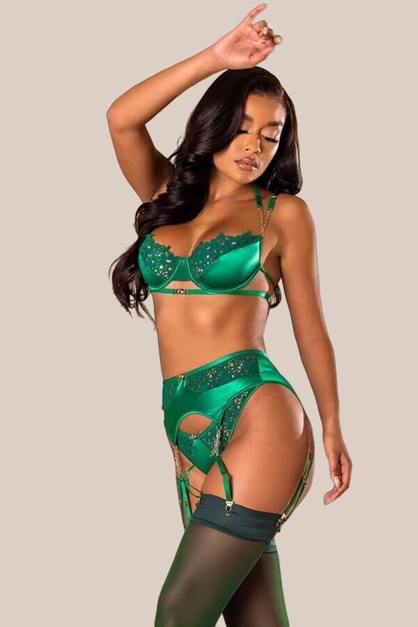 Yeşil Dantel İşlemeli Zincir Detaylı Fantezi Jartiyer Takımı