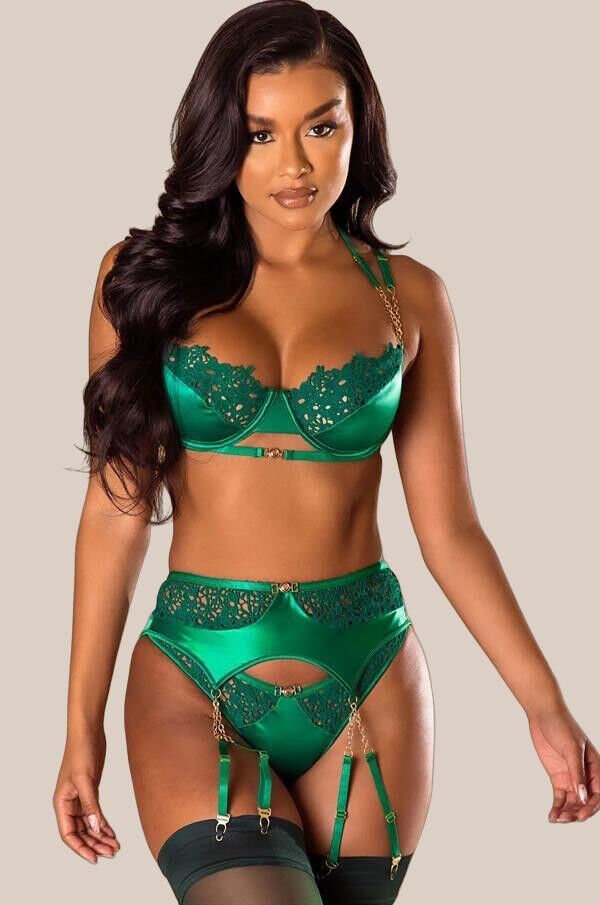Arias Closet Yeşil Dantel İşlemeli Zincir Detaylı Fantezi Jartiyer Takımı