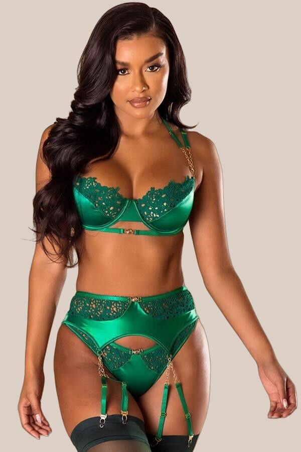Arias Closet Yeşil Dantel İşlemeli Zincir Detaylı Fantezi Jartiyer Takımı