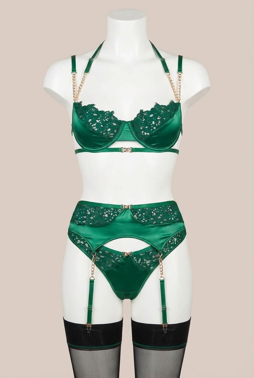 Yeşil Dantel İşlemeli Zincir Detaylı Fantezi Jartiyer Takımı