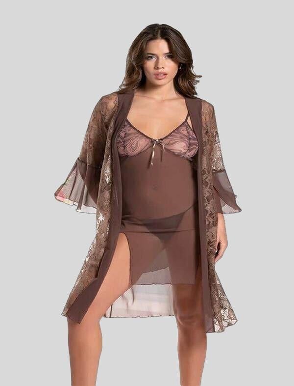 Arias Closet Haki Transparan Dantel İşlemeli Tül Yırtmaçlı 2'li Gecelik Takımı