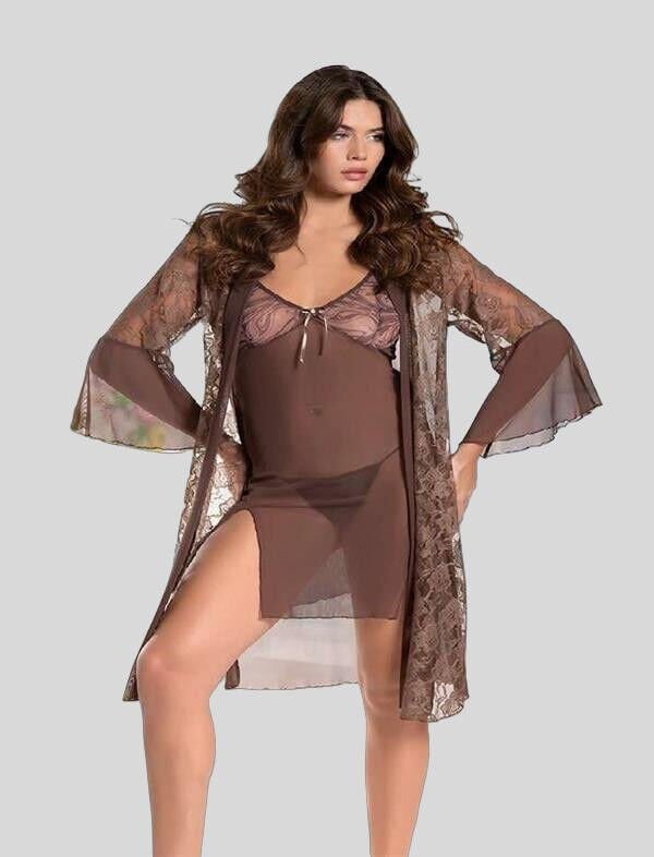 Arias Closet Haki Transparan Dantel İşlemeli Tül Yırtmaçlı 2'li Gecelik Takımı