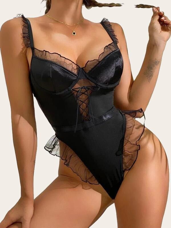 Arias Closet Siyah Tül İşlemeli Fantezi Body