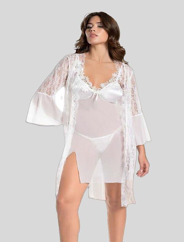Arias Closet Beyaz Transparan Dantel İşlemeli Tül Yırtmaçlı 2'li Gecelik Takımı