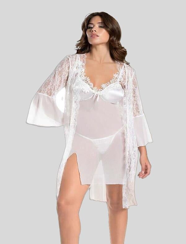 Arias Closet Beyaz Transparan Dantel İşlemeli Tül Yırtmaçlı 2'li Gecelik Takımı