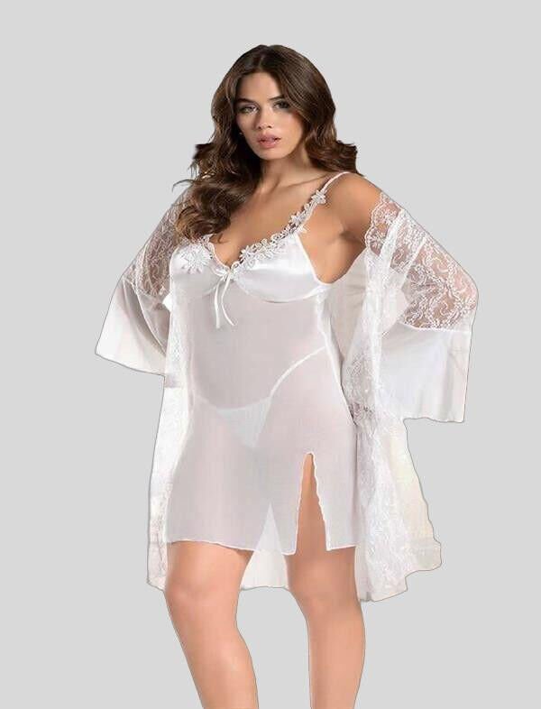 Arias Closet Beyaz Transparan Dantel İşlemeli Tül Yırtmaçlı 2'li Gecelik Takımı