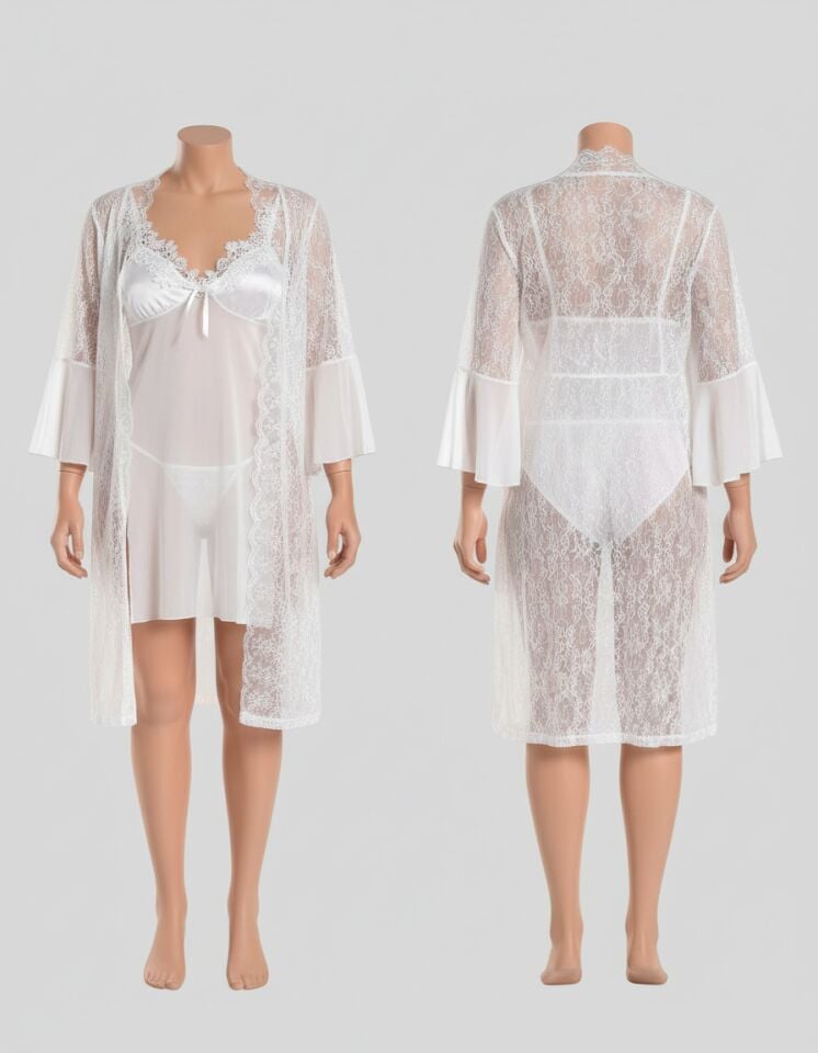 Arias Closet Beyaz Transparan Dantel İşlemeli Tül Yırtmaçlı 2'li Gecelik Takımı
