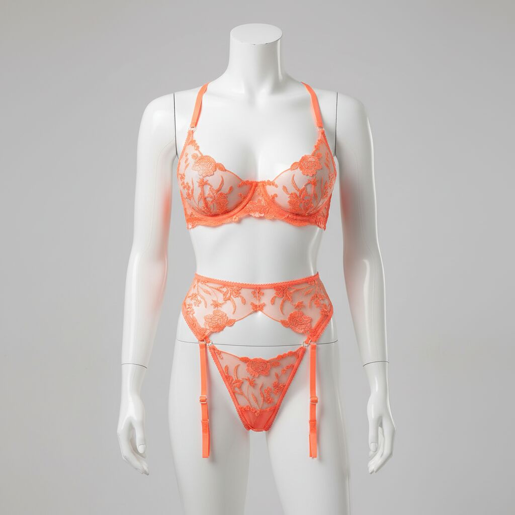 Turuncu Çiçek Desenli Fosforlu Fantezi Jartiyer Takımı