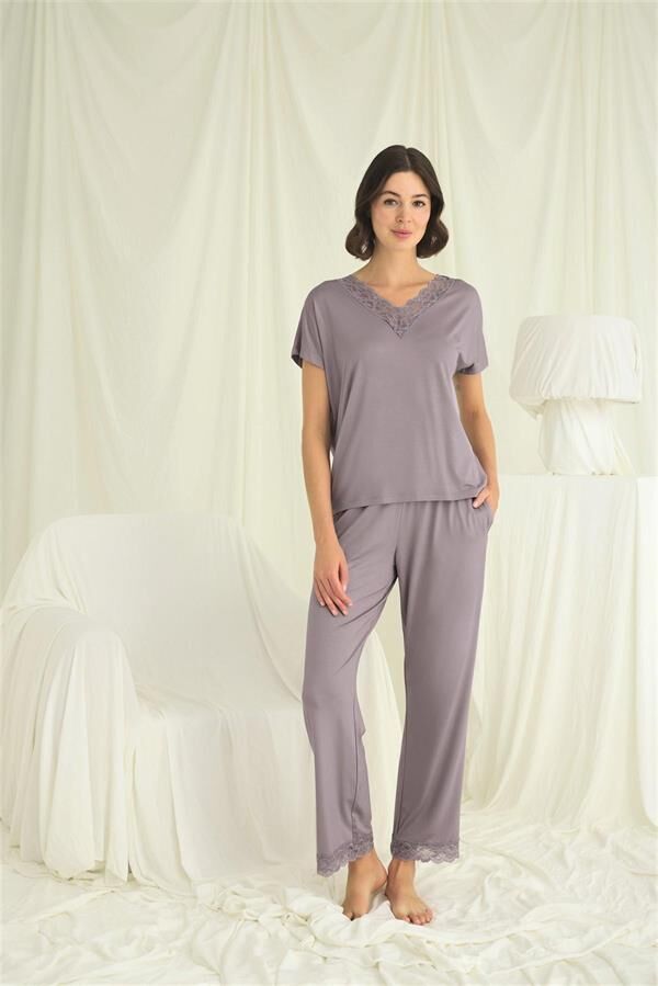 Arias Closet Kısa Kollu V Yakalı Dantelli Pijama Takımı