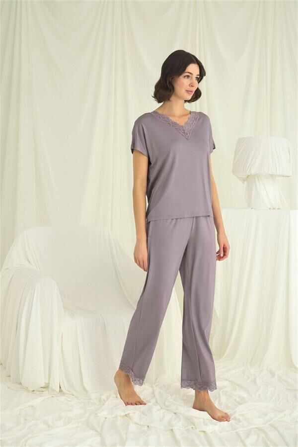 Arias Closet Kısa Kollu V Yakalı Dantelli Pijama Takımı