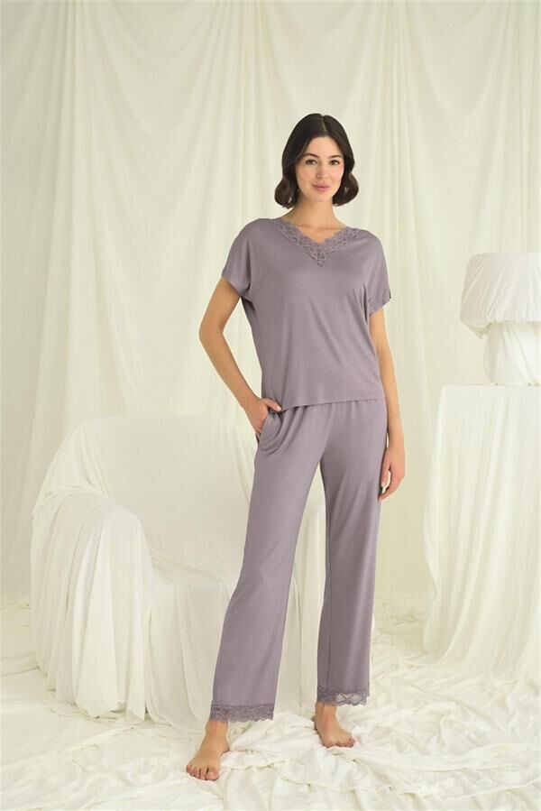 Arias Closet Kısa Kollu V Yakalı Dantelli Pijama Takımı