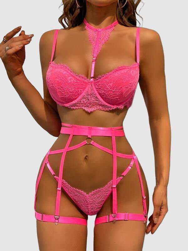 Fuşya Dantel İşlemeli Fantezi Dolgulu Sütyen Takımı