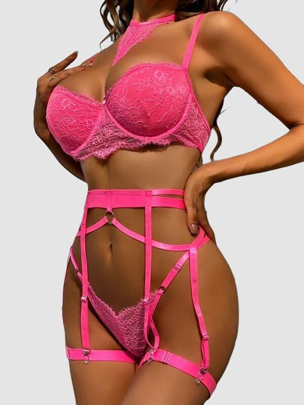 Fuşya Dantel İşlemeli Fantezi Dolgulu Sütyen Takımı