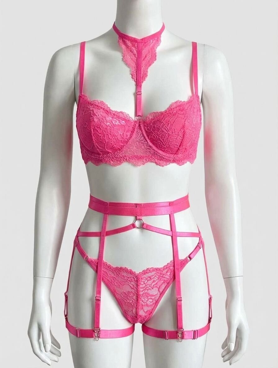 Fuşya Dantel İşlemeli Fantezi Dolgulu Sütyen Takımı