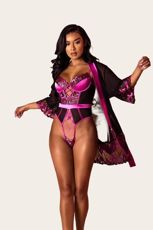 Arias Closet Fuşya Dantel İşlemeli Kalp Desenli Fantezi Gecelik Body Takımı