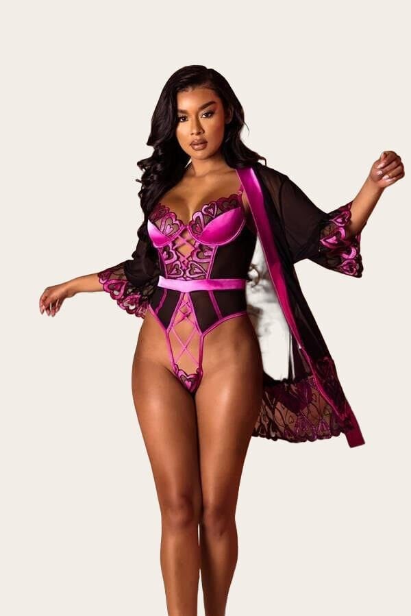 Arias Closet Fuşya Dantel İşlemeli Kalp Desenli Fantezi Gecelik Body Takımı