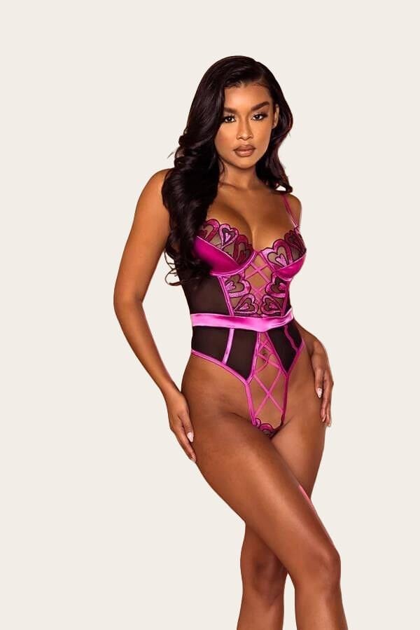 Fuşya Dantel İşlemeli Kalp Desenli Fantezi Gecelik Body Takımı