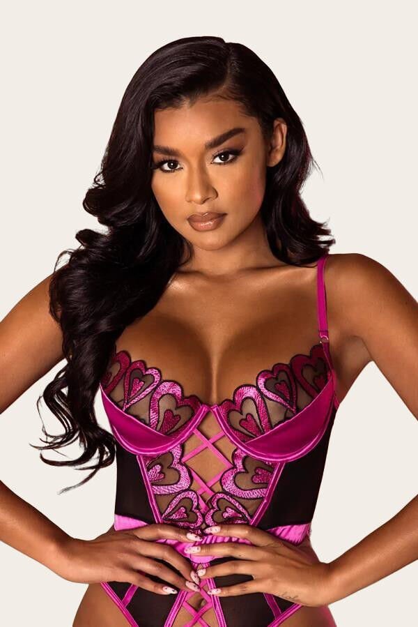 Arias Closet Fuşya Dantel İşlemeli Kalp Desenli Fantezi Gecelik Body Takımı