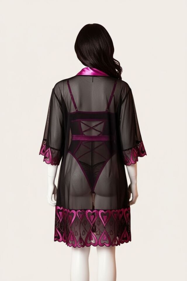 Arias Closet Fuşya Dantel İşlemeli Kalp Desenli Fantezi Gecelik Body Takımı