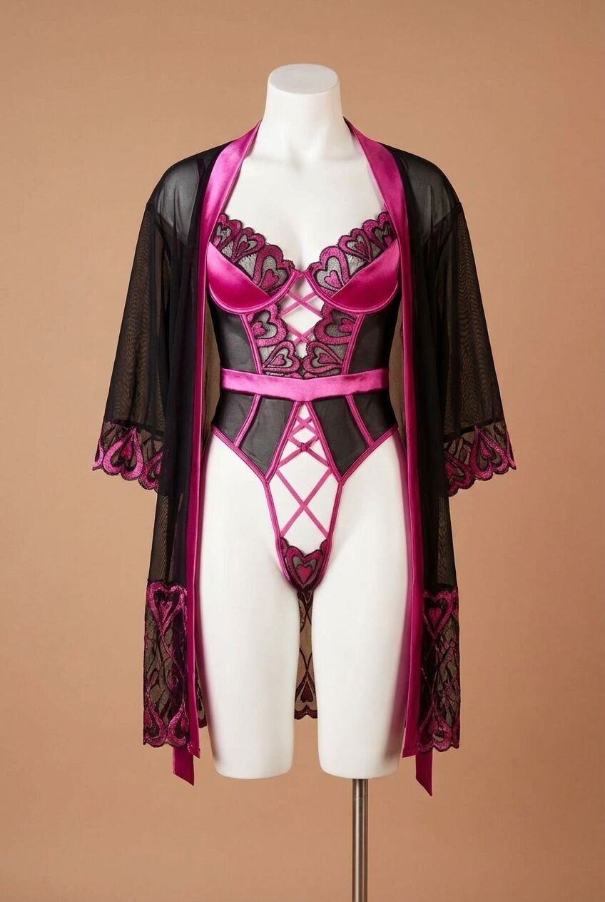 Fuşya Dantel İşlemeli Kalp Desenli Fantezi Gecelik Body Takımı