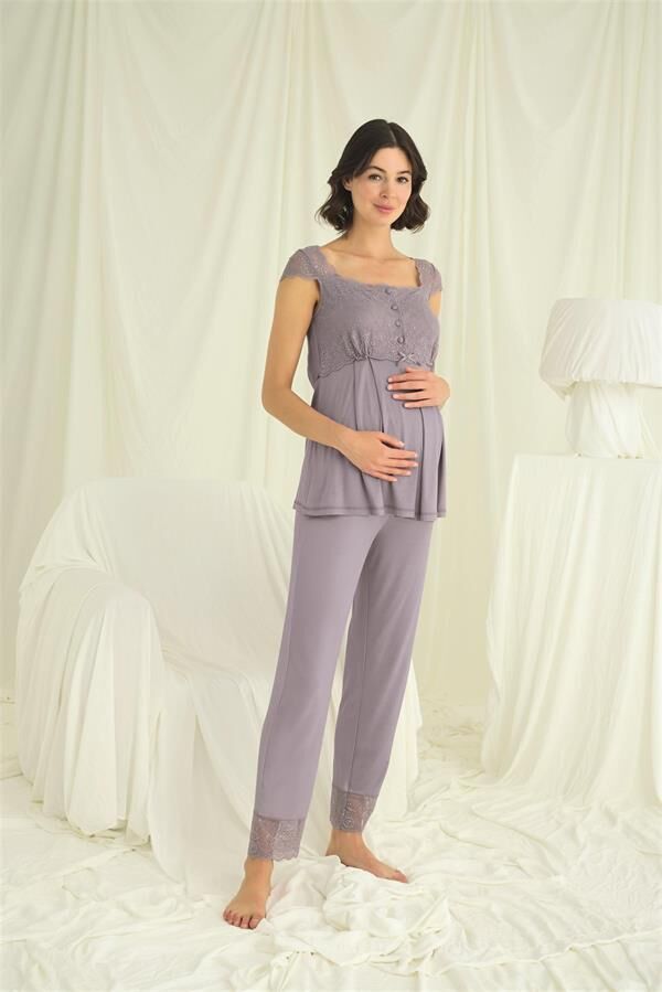 Arias Closet Dantelli Önü Düğmeli Hamile Lohusa 3'lü Pijama Takımı