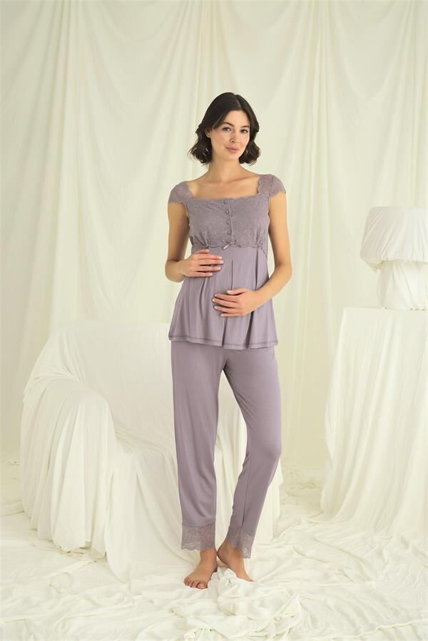 Arias Closet Dantelli Önü Düğmeli Hamile Lohusa 3'lü Pijama Takımı