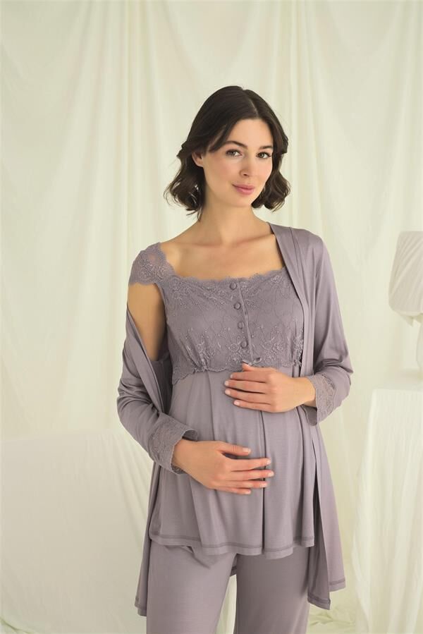 Arias Closet Dantelli Önü Düğmeli Hamile Lohusa 3'lü Pijama Takımı