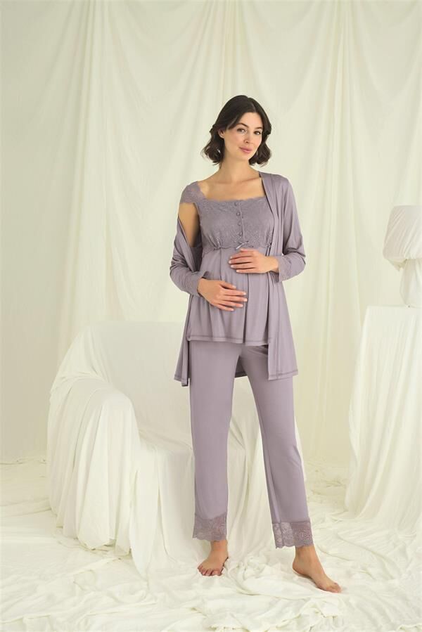 Arias Closet Dantelli Önü Düğmeli Hamile Lohusa 3'lü Pijama Takımı